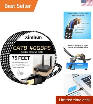 75FT Cat 8 Ethernet Cable - Nylon Braided 40Gbps Network for Gaming & Streaming