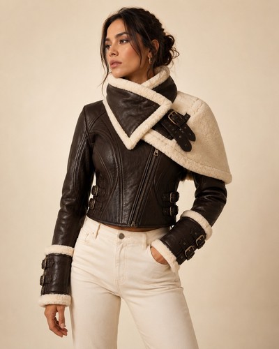 Women’s Brown Genuine Leather Shearling Jacket Winter Fur Motorcycle Biker Coat