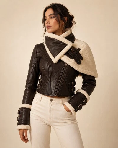 Women’s Brown Genuine Leather Shearling Jacket Winter Fur Motorcycle Biker Coat - product listing photo