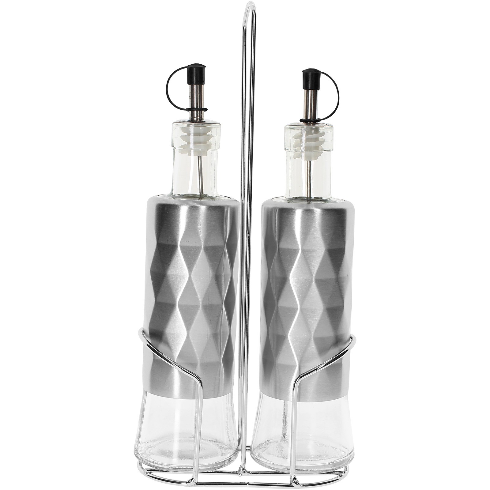 Bouteilles huile et vinaigre en inox et verre 2x320ml avec support argenté de table cuisine