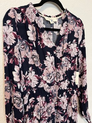 NWT Nurture Westbound Dress Womens XL Purple Blue Floral BOHO Long Sleeve Tiered