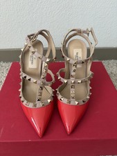 Valentino Garavani Rockstud Red Beige Patent Leather Studded Ankle Strap Pumps