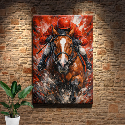 Horse Racing Dynamic Canvas Wall Art Sepia Jockey Racehorse Framed Decor