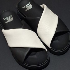 SOREL Viibe Crisscross Slide Sandals Womens Size 11 Black Sea Salt Leather NIB
