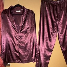 Valerie Stevens Satin Button Pajama Set Burgundy Collared Long Sleeve XL Women
