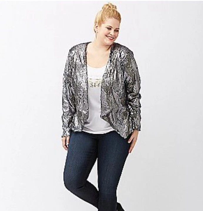 NUEVO CON ETIQUETAS LANE BRYANT 6th & Lane Lentejuelas Noche Abierta Elegante Chaqueta Plateada 20 Foto 3 de 4