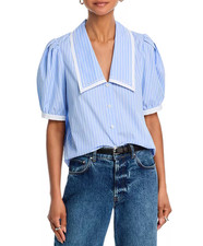FRAME M The Stripe Sailor Blouse Blue White Cotton Short Sleeve Collar Top $398