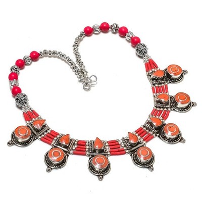 Red Coral Gemstone Necklace Handmade Amazing Tibetan Nepali Jewelry 18'' NN 6956