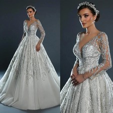 Graceful Wedding Dresses Ball Gown V-Neck Full Sleeve Appliques Sweep Train