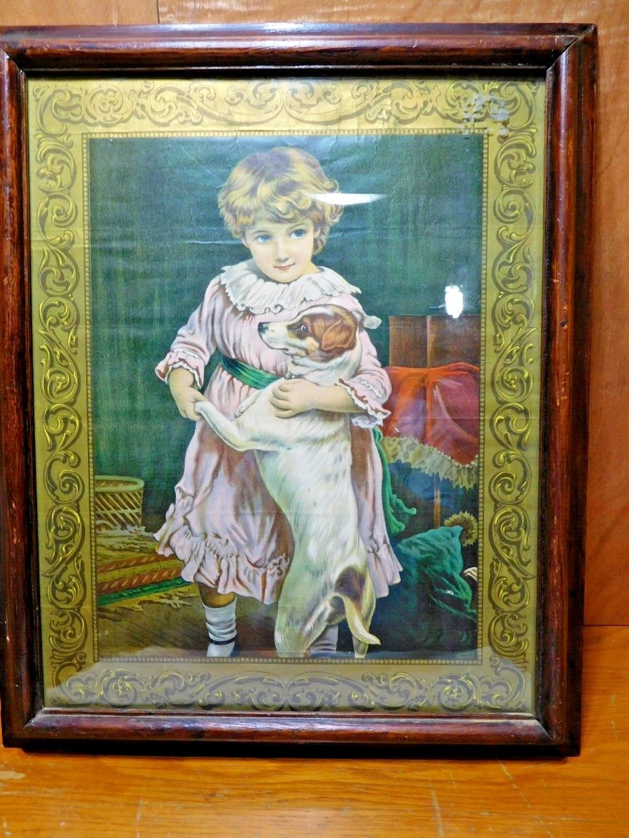 Antique ~ Oak Frame Lithograph Print Young Girl Jack Russell