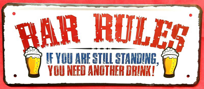 Blechschild 28x12 BAR RULES Regeln Bier Wein Aklkohol Schnaps Kneipe Party Disco
