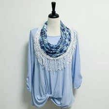 Notations Blue Crinkled Twisted 3/4 Sleeve Tunic And Lace Infinity Tassels Scarf