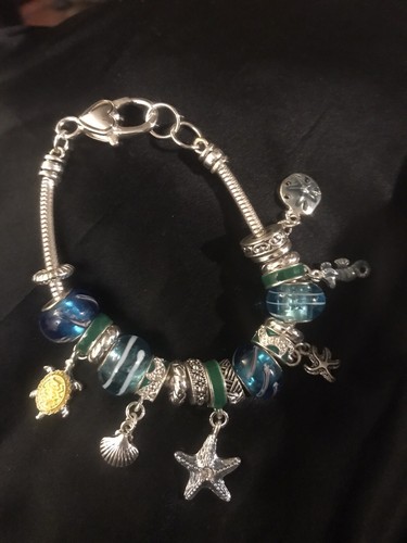 Pulsera Ocean Charms Starfish Cáscara Caballo Mar Arena$ a Mano Azul Verde |