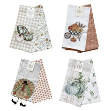 Fall Kitchen Tea Towel Set 2 Cotton Embroidered Thanksgiving Pumpkin Turkey