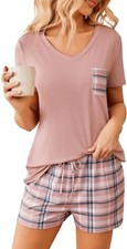Womens Short Sleeve Pajama Set V Neck Soft Lounge Sleepwear 2 Piece Lightweight