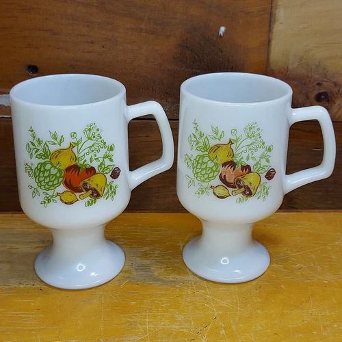 Pair of Vintage Corning Ware Spice of Life Milk Glass Pedestal Mugs Coffee Cups