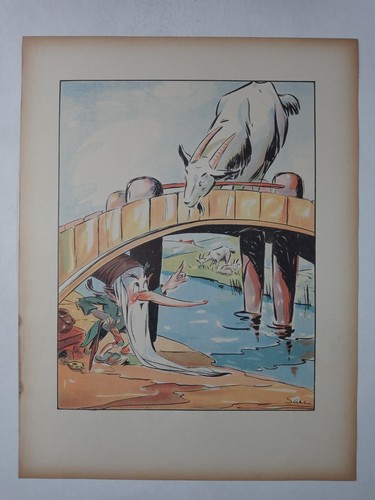 Goat Gnome Troll Elf Bridge Children Fairytale Print Colorful Book Plate 1930s - Picture 3 of 4