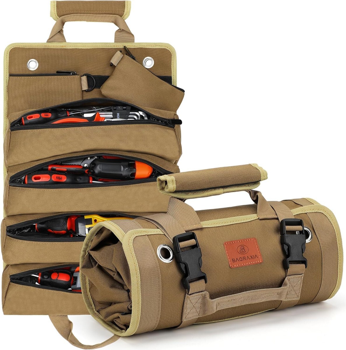Tool Bag, Roll Up Small Tools Box Storage, Gifts for Men Dad Khaki