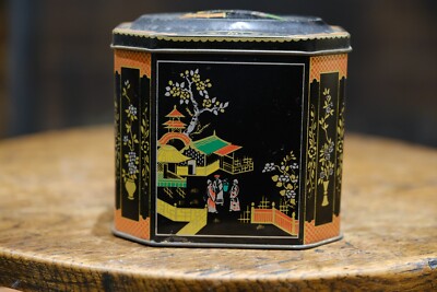 Vintage Chinoiserie Teedose - Schwarz & Gold Achteckig Orientalisches Design