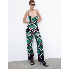 NWT Zara Tops Camisole green and black geometric printed Camisole Satin Size Xs
