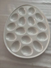 White Oval Egg Shaped Ceramic Deviled Egg Plate Tray 16 Slots 11 x 14