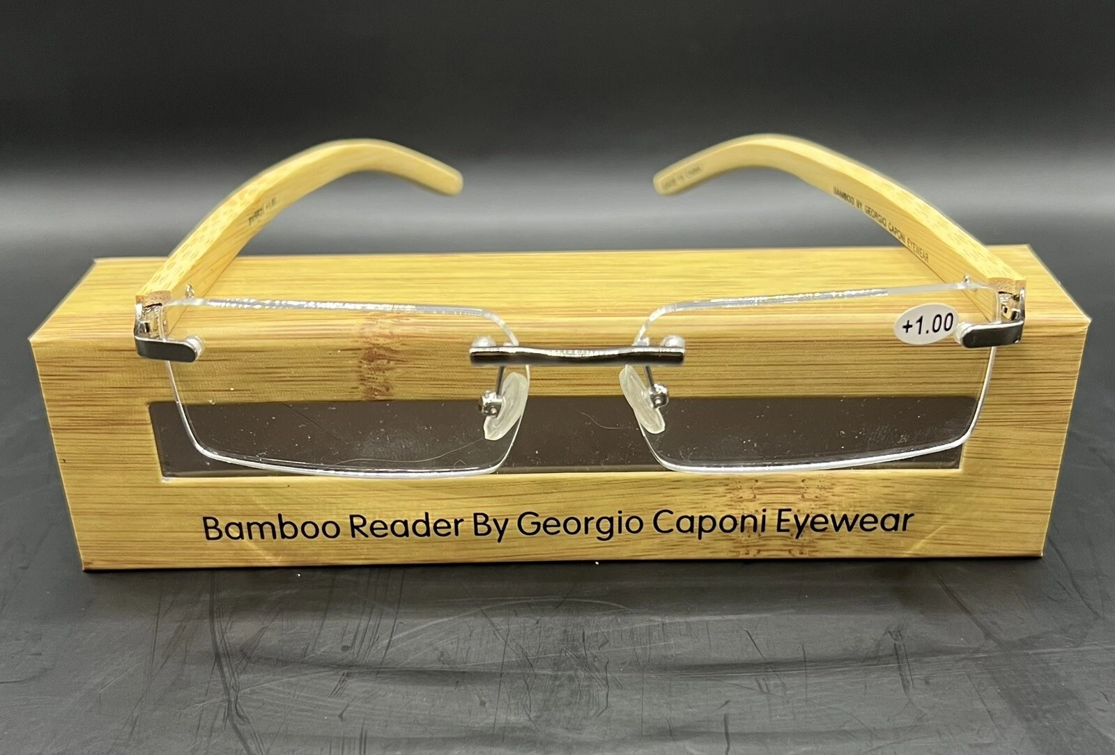 Bamboo Rimless Reader Glasses by Georgio Caponi   +1.0 w Bamboo Case brand new