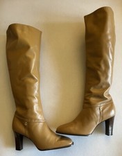 Vntg COBBIES Womens Camel Brown Gold Accents Knee High Leather Boots 7.5 M-New