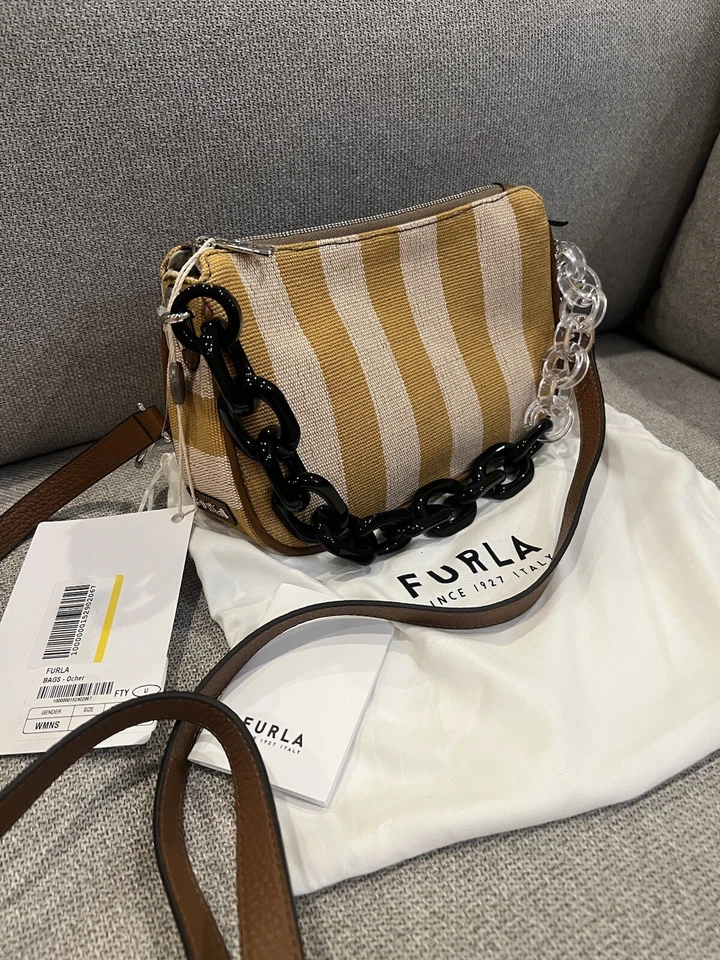 NUEVO Bolso Bandolera Furla Rayas Luna Algodón Yute Cadena Foto 3 de 4