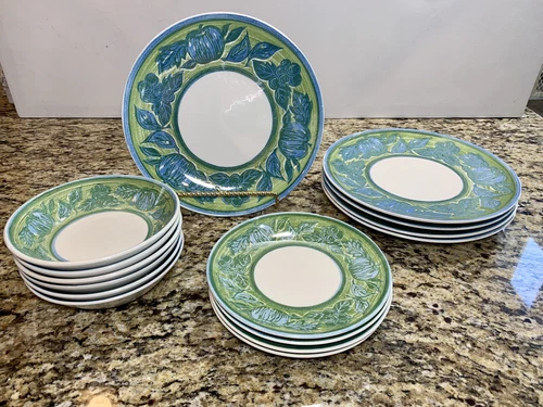 Vintage MCM Royal Ironstone China Dinner Plates Bowls 15pc Set USA Blue Green