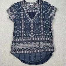 Lucky Brand V-Neck Boho Blouse Women's Small Navy Blue Printed Short Sleeve Top