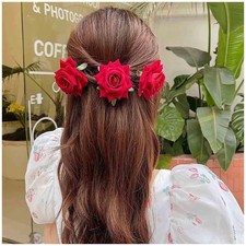 Red Flower Hair Barrette Rose Hair Clip Rose Floral Hairpins Floral Side Clip...