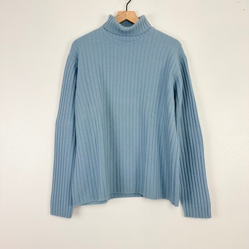 Vintage GAP 100% Cashmere Turtleneck Sweater Womens L Light Blue Ribbed Cozy Y2K