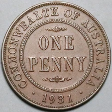 1931 Australia 1 Penny XF English Ob Dropped 1 George V Key Date Coin (25092301R