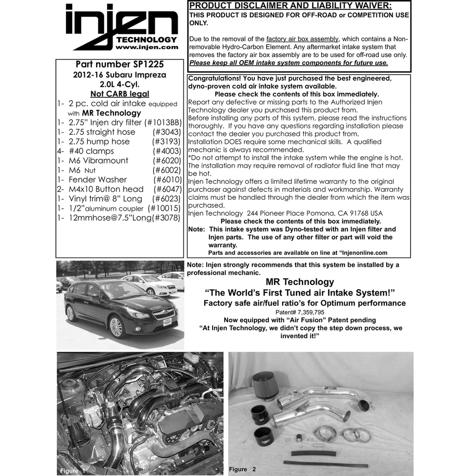 Entrada de aire frío Ram corta de aluminio Injen SP1225P para Subaru Impreza 2012-16 2,0 L Foto 4 de 4