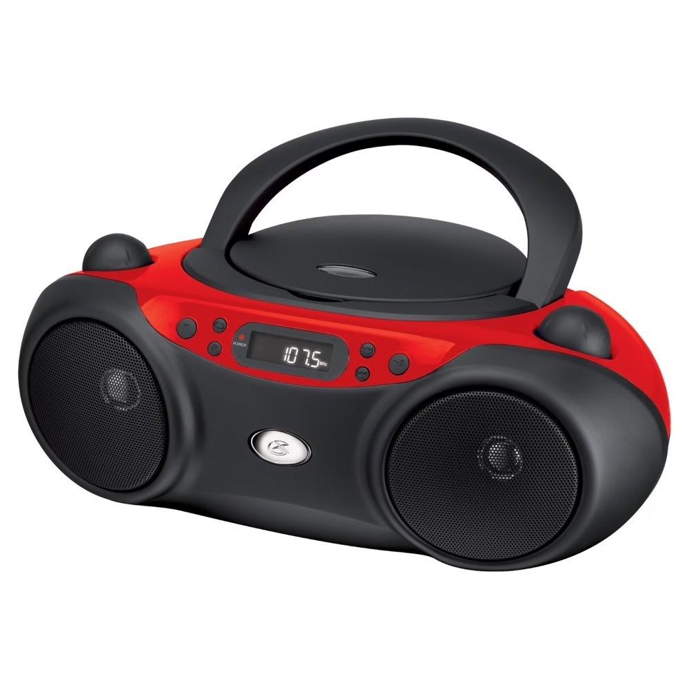 Portable CD Boombox with FM Radio LED Display and AUX Input Red