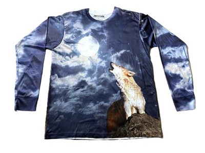 Get A Life - Men's Large Howling Lone Wolf Full Moon Graphic Long Sleeve Shirt