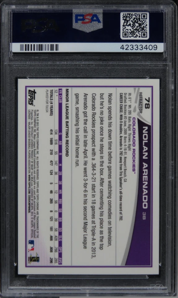 2013 Topps Chrome Nolan Arenado PURPLE REFRACTOR ROOKIE RC #78 PSA 10 GEM MINT - Image 2 of 2