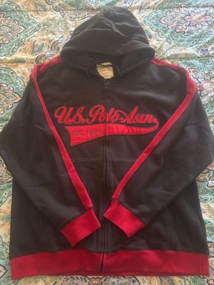 U.S. Polo Assn. Men's Full Zip Fleece Hoodie Black / Red Size Large NWT
