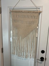 Beige/Cream Handmade Macrame Wall Hanging Woven Rope Fringe on Wooden Dowel