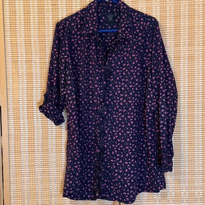 Faded Glory Navy Pink Floral Button Down Tunic Shirt XXL Western Cottagecore