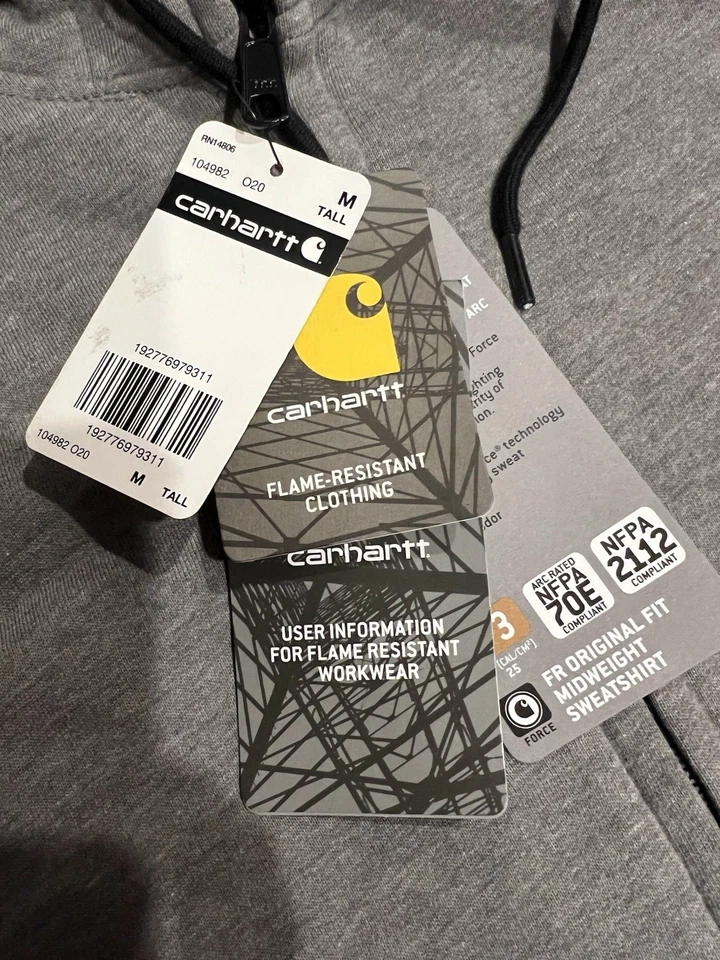 Carhartt Hoodie Mens M Tall Grey FR Force Original Fit Midweight Hooded Full Zip - Image 4 of 4