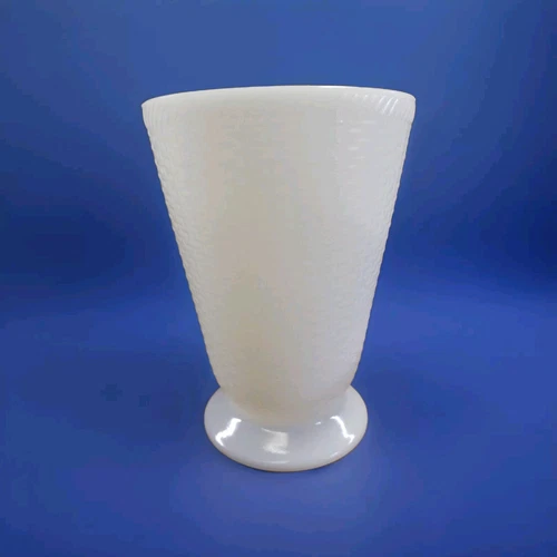 Vintage Large White Milk Glass Basket Weave Vase 8.5” Tall X 6” Diameter