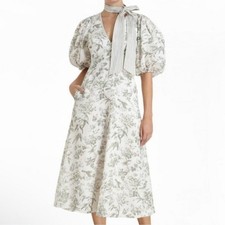 Zimmermann Linen Day Midi Dress Puff Sleeve Pockets Olive Green Toile Floral 6