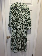 Zara Ecru White Green Geo Geometric Print Karen Tiered Midi Dress size M