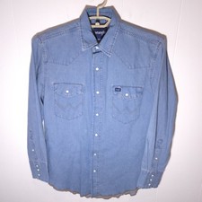 Wrangler Cowboy Cut Blue Denim Western Work Shirt Mens M Pearl Snap Rodeo