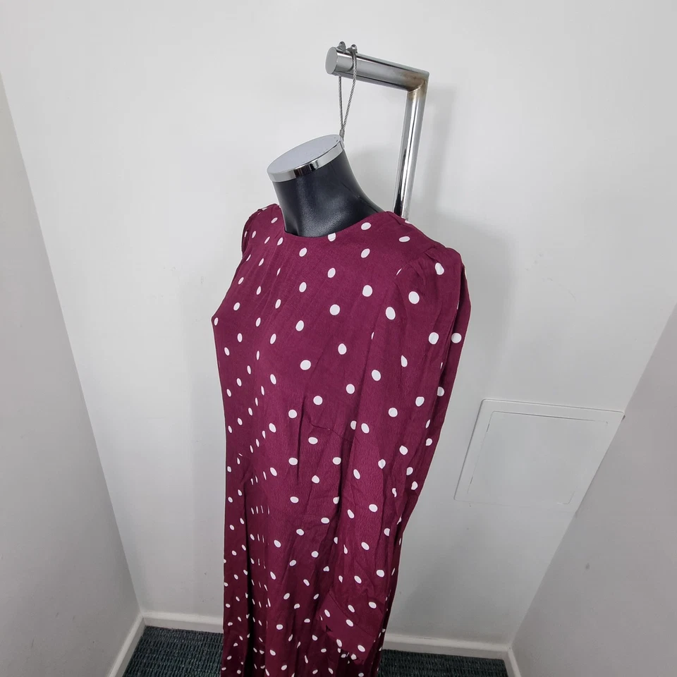 M&S COLLECTION Ladies Berry Red & White Spot Midi Dress L/S Size UK 14 - Image 4 of 4