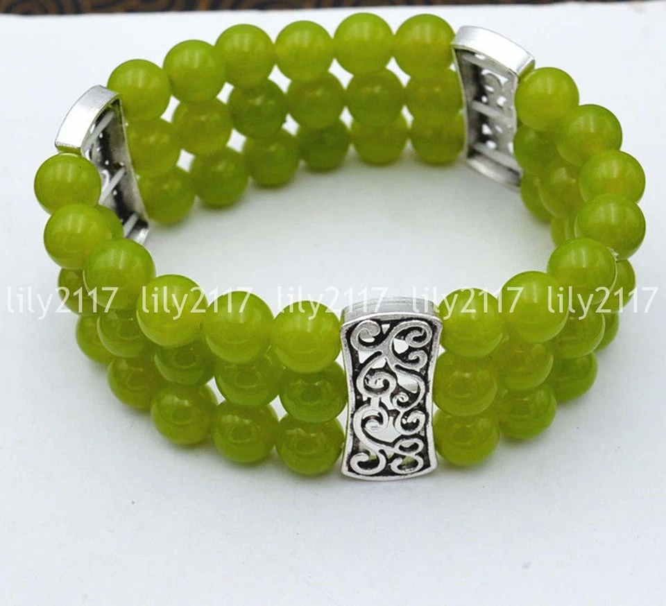 Brazalete de gemas de plata tibetana elástica con cuentas de peridoto de 8 mm naturales de 3 filas 7,5"" AAA Foto 2 de 3