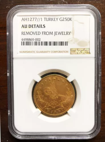 TURKEY-ABDUL AZIZ-GOLD 250 KURUSH 1861(1277/1)KM#697 NGC -AU