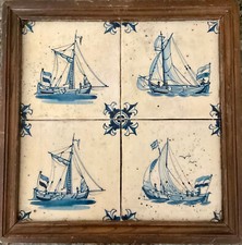 FOUR FRAMED DELFT ANTIQUE TILES DEPICTING SINGLE MASTED DAMLOOPERS