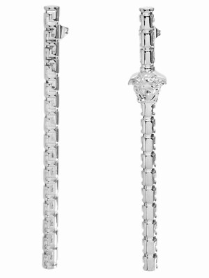 NIB Versace Medusa Logo Greca Greek Key Silver Bar Mismatch Drop Earrings $875